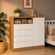 Cômoda Infantil 4 Gavetas 1 Porta E Nicho P/ Quarto Criança Bebe Branca Canela Lume Petit Casa Dee