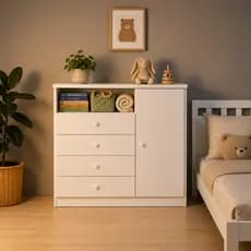 Cômoda Infantil 4 Gavetas 1 Porta E Nicho Para Quarto de Criança Bebe Branca Lume Petit Casa Dee
