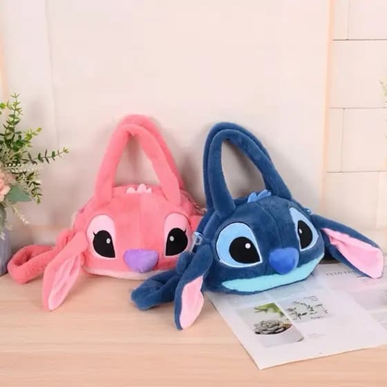 Mochila Pelúcia Stitch Bolsa de Pelúcia Fofa Personagem Desenho Animado Bolsa de Ombro Transversal e de Mão Feminina
