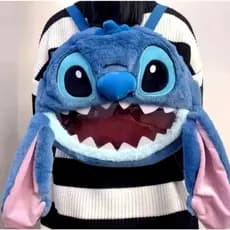 Mochila de Pelúcia Stitch com Alças de Ombro e Frente de PVC Tranparente Grande Capacidade Lã Zíper