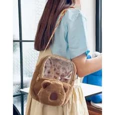 Mochila de Pelúcia Capivara Bolsa de Ombro Infantil Feminina Fofa e Translúcida 19×16×5cm