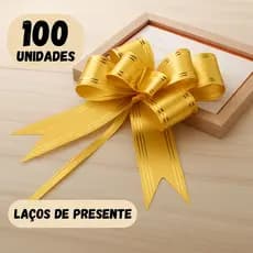 Kit 100 Laços Para Presente Pronto Fácil em Cetim Com Filete Dourado Tamanhos P / M e G