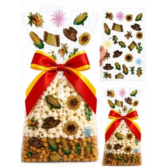 50 sacos celofane transparente decorado de festa junina  arraia para doces
