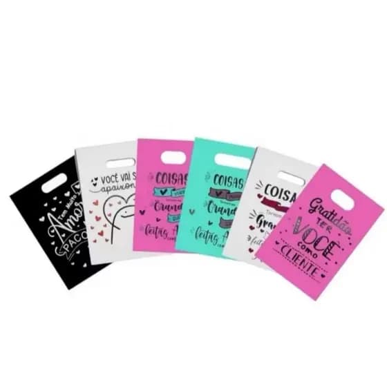 25 sacolas boca vasada ou triste 20x30 e 30x40 com frases para loja