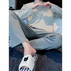 Conjunto de pijama masculino simples listrado em torno do pescoço de manga comprida e calças, pijama confortável estilo