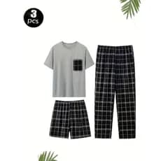 Pijama xadrez masculino de três peças terno Premium calças de manga curta Shorts pacote de combinação de três peças outo