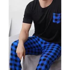 Calça masculina Casual com estampa xadrez de 1 peça, calça de pijama Loungewear, calça de pijama longa confortável (Top