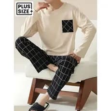 Conjunto de pijamas masculinos Plus Size, calças, pijamas, gola redonda, estilo básico, adequado para quatro estações, u