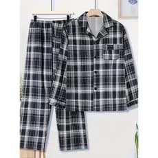 Conjunto de 2 peças de pijama xadrez confortável masculino, camisa e calças com botão, pijama Casual lavável à máquina