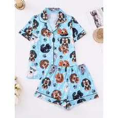 Conjunto de pijamas femininos com estampa de cachorrinho fofo, camisa de manga curta, Tops de lapela e botões, Shorts el