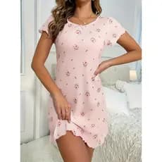 Vestido Floral feminino Casual confortável com decote em V, mangas curtas, bordas plissadas, solto e confortável