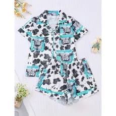 Conjunto de pijamas femininos com estampa de cachorrinho fofo, camisa de manga curta, Tops de lapela e botões, Shorts el