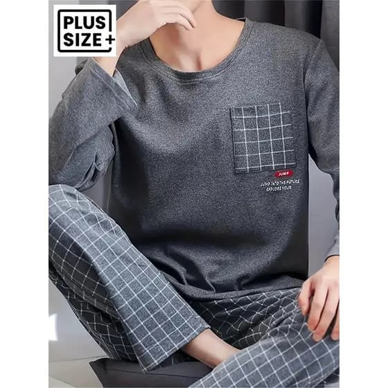 Conjunto de 2 peças de pijamas masculinos regulares, calças, pijamas, Design de gola redonda, estilo básico adequado par