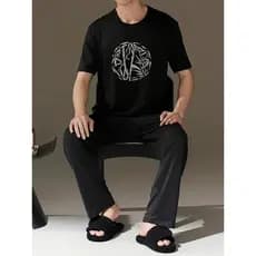 Conjunto de pijama Casual elegante de 2 peças masculino - estampa de bambu, gola redonda, mangas curtas e calças, adequa