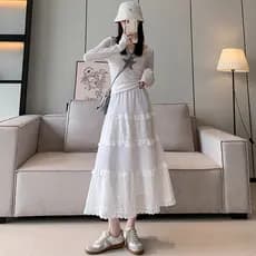 Saia de bolo branco feminina primavera verão novo estilo saia estilo suave pequena saia de comprimento médio cintura alt