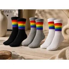 KIT 3 PARES MEIA UNISSEX ALGODÃO CANO ALTO FEMININO MASCULINO ARCO-ÍRIS