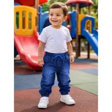 Calça Jeans Jogger Infantil Unissex Tam 1 2 3 Elástico na Cintura e Tornozelo-Qualidade confortável