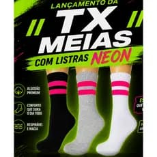 Kit meia 3 pares FEMININA Listra Rosa Neon Esportiva Atoalhada Cano Alto