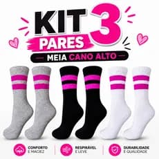 KIT 3 PARES MEIA FEMININA CANO ALTO CONFORTO EM ALGODÃO LISTRAS ROSA