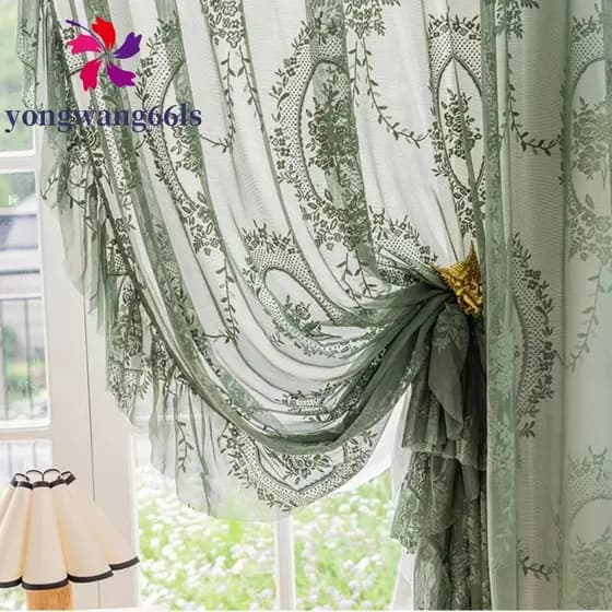 YONGWANG 2 Peças De Cortina Floral De Renda Francesa , De Gaze Rústica Com Borda De Babados Transparente Bordada