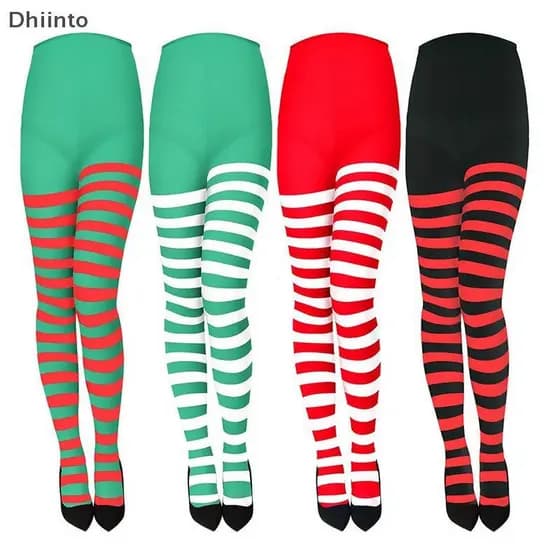 [Dhiint] Meia-Calça Feminina Listrada De Natal , De Comprimento Total , Alta Na Coxa Para Festa Maquiagem , Baile , Deco