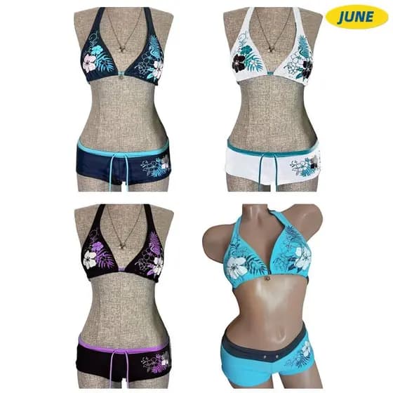 Junho Halter Strap Swimwear , Conjunto De Biquíni Com Estampa De Flores Ajustável , Moda Cintura Baixa Vintage Maiô Femi
