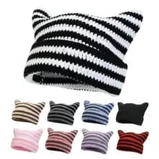 Chapéu De Malha Com Orelha De Gato Fofo – Gorro Harajuku Listras Do Diabo Para Mulheres E Meninas , Moda Urbana De Inver
