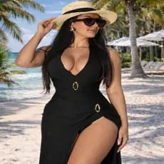 Conjunto Maiô Body e Saia Longa Decote Profundo Fenda Lateral Moda Praia Luxo Verão Resort Elegante
