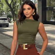 Body feminino canelado regata gola alta justo drapeado elegante moda verão blogueira casual chic