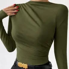 Body manga longa drapeado colado ao corpo tecido leve confortável look moderno feminino chiq ue