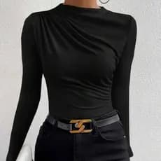 Body Manga Longa Feminino Inverno Gola Alta Preto Elegante Franzido Moda Blogueira P M G