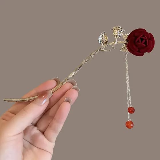 T Temperamento Rosa Estilo Chinês Antigo Agitação De Degraus Tassel Retro Grampo De Cabelo Requintado