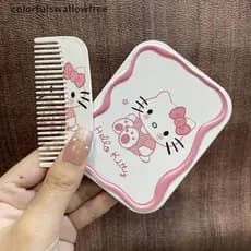colorfulswallowfree Cartoon Sanrio Hello Kitty Espelho Dobrável Em Concha De Maquiagem Com Pente Portátil Criativo Para