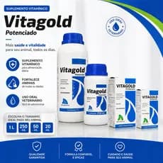 Vitagold Potenciado 250 ml 50 ml ou 20 ml  Vitagold para Aves Equinos Suínos Cães Gatos Bovinos Ovinos