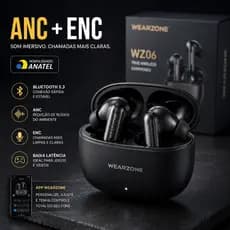 Fone Bluetooth Wearzone WZ06 ANC ENC Bluetooth 5.3 Baixa Latência App Oficial