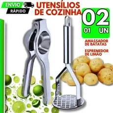 Utensílios Inox - Espremedor de Limão Resistente 20cm + Amassador de Batatas Frutas Purê Casa