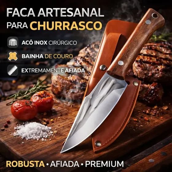 Faca Artesanal para Churrasco em Aço Inox Cirúrgico com Bainha de Couro