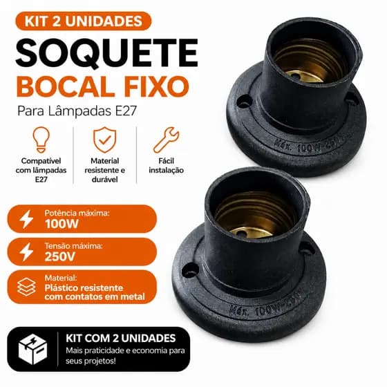 Bocal Soquete Fixo Lâmpadas E27 - 2 unidades - Preto