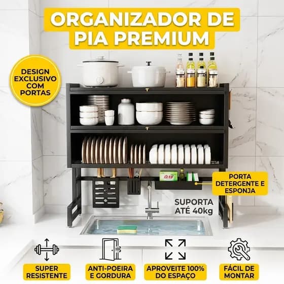 Escorredor De Louça Cozinha Suspensa Modula Pia Rack Organizador Estante Poeira Asfalto Duplo Com Porta Armário 85/105cm