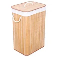 Cesto De Roupa Bambu Dobrável Retangular Com Tampa E Forro