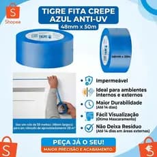 Fita Crepe Azul Tigre 48mm X 50m Anti-UV Pintura Profissional Resistente Sol Não Deixa Cola