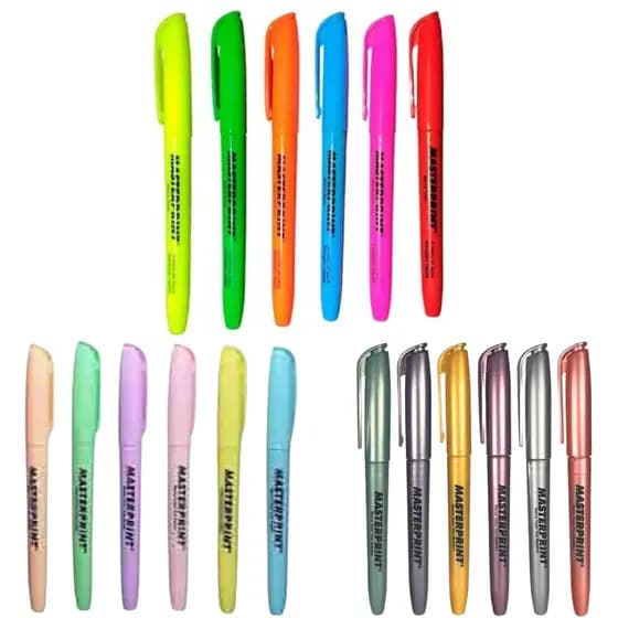 18 canetas  Marca Texto 6 Metálico + 6 Neon + 6 Pastel Masterprint - ÓTIMA QUALIDADE!