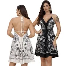 Vestido Curto Feminino Costa Nua Lenço Estampado Alça e Decote em V Roupas Femininas Estampado