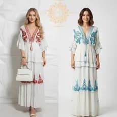 Vestido Longo Feminino Boho Indiano com Bordado Com Decote Manga