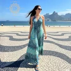 Vestido Longo Feminino Estampado Modelo Costa Nua Alça Verão Elegante Alças Decote em V