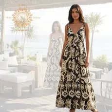 Vestido Longo Feminino com Costa Nua Alça Cinturado Elegante Soltinho Estampado Roupas Femininas