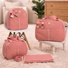 Kit Bolsas Maternidade 4 Peças Luxo Completo Mala e Mochila Térmico e Impermeável Laço e Trocador