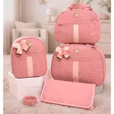 Kit Bolsa Maternidade Luxo 4 Peças com Laço e trocador Elegante Impermeável Funcional Menina/Menino