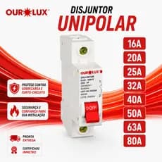 Disjuntor Unipolar Curva C Ourolux 16A 20A 25A 32A 40A 50A 63A 80A DIN