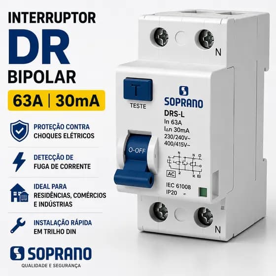 DR Bipolar 63A 30mA Soprano DRS-L Interruptor Diferencial Residual